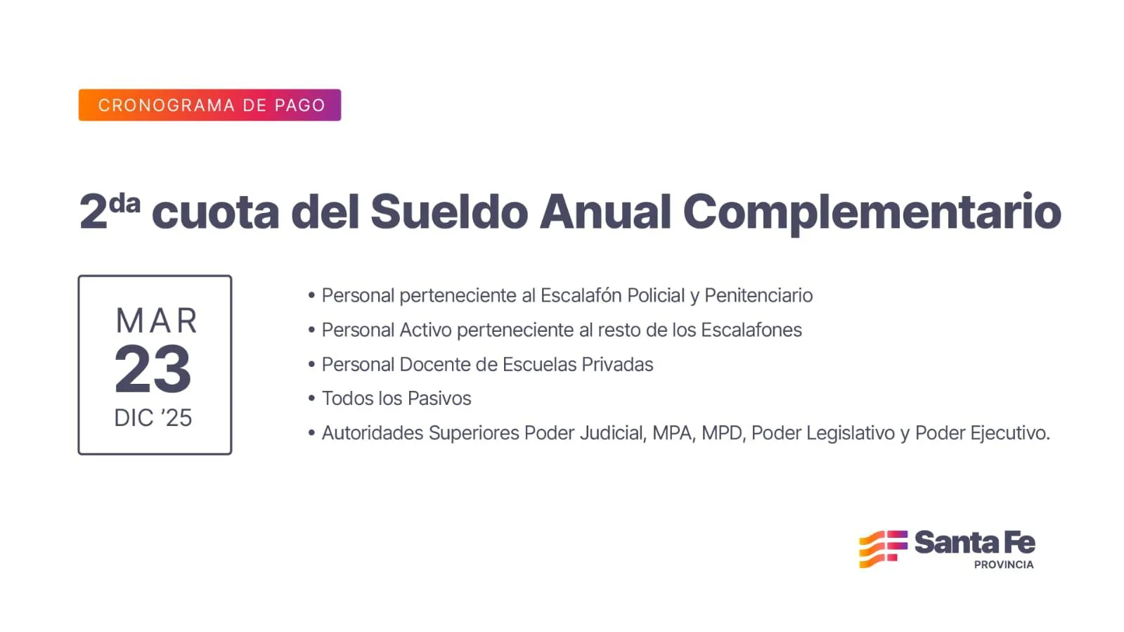 Cronograma de pago de la segunda cuota del Sueldo Anual Complementario