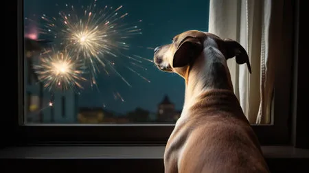 202559656-retrato-de-un-perro-ridgeback-de-rodesia-mirando-por-la-ventana-con-fuegos-artificiales-en-el-fondo