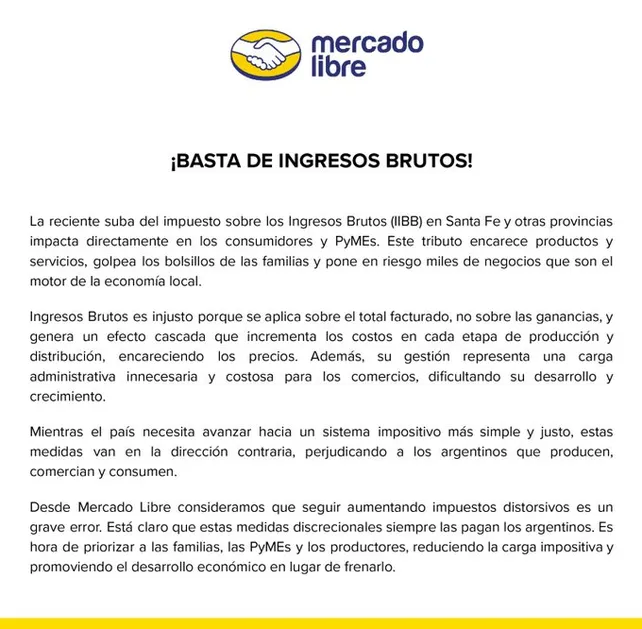 mercado-libre-publico-un-comunicado-contra-el-aumento-la-alicuota-del-impuesto-los-ingresos-brutos-santa-fe